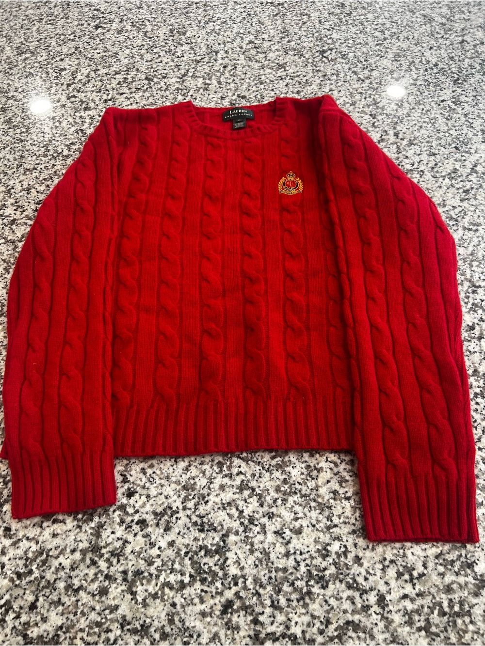 Ralph Lauren Red Cable-Knit Crewneck Sweater with Crest